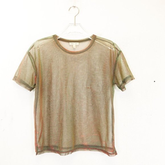 SILENCE +‎ NOISE Womens Brown Green T Shirt SMALL Sheer Sparkle Iridescent Mesh - Picture 4 of 13